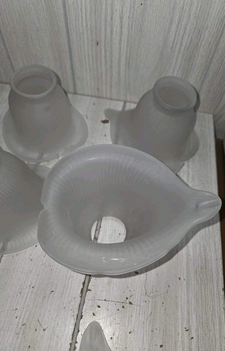 Vtg Glass Flower Light Fixture Calla Lily Shade Frosted White Set Of 5 Ribbed